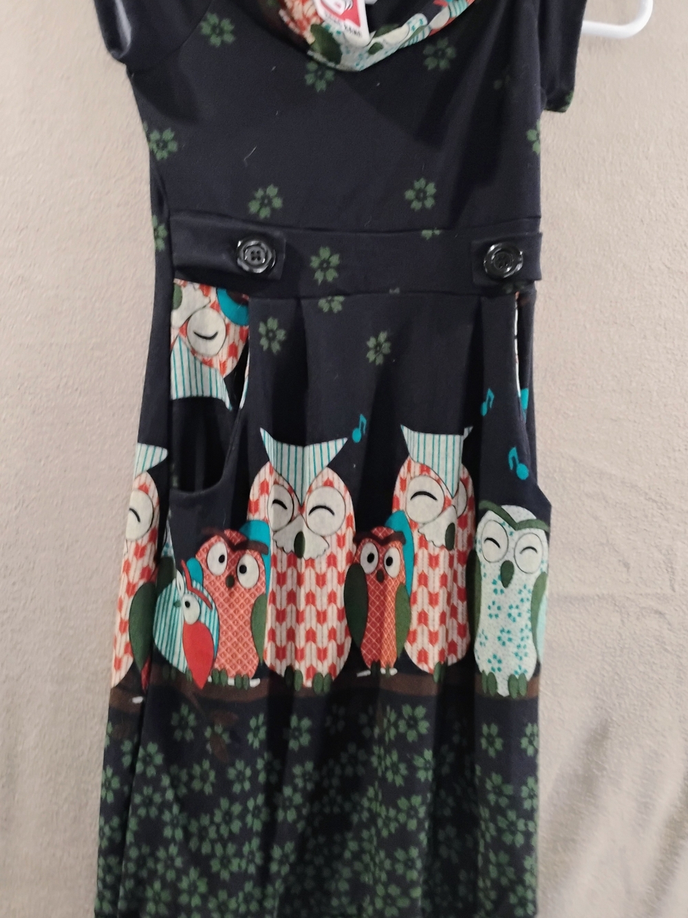 Navy Owl Print A-Line Dress with Button Waist Detail